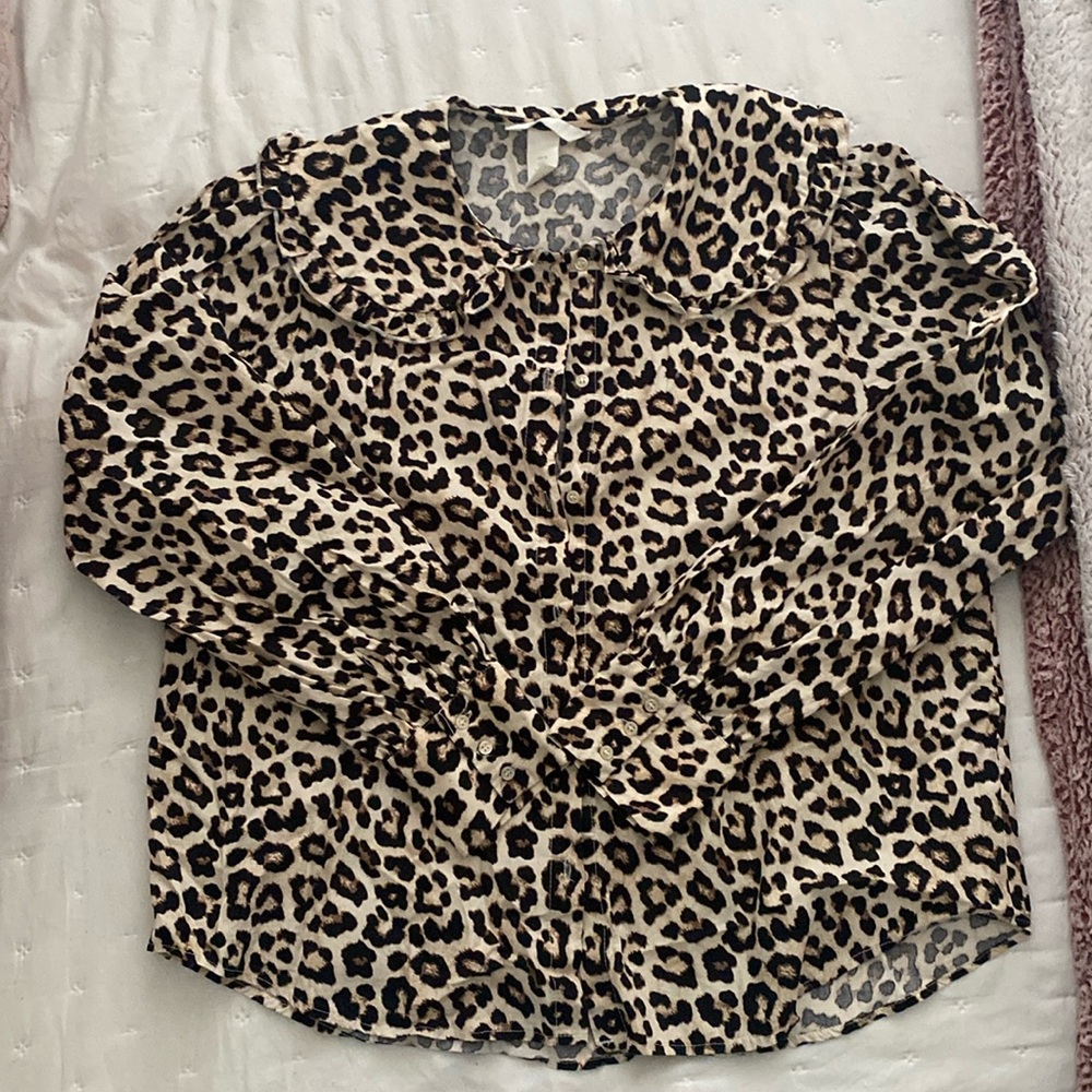 Ruffle Collar Leopard Print Button Down Shirt - image 1
